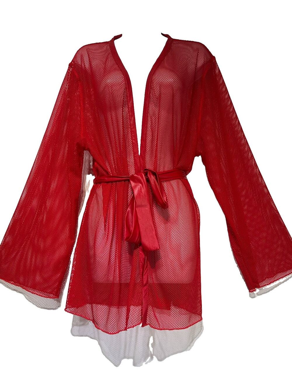 Savage Fenty robe Glossy Flossy Fishnet Mesh red belted Size M/L